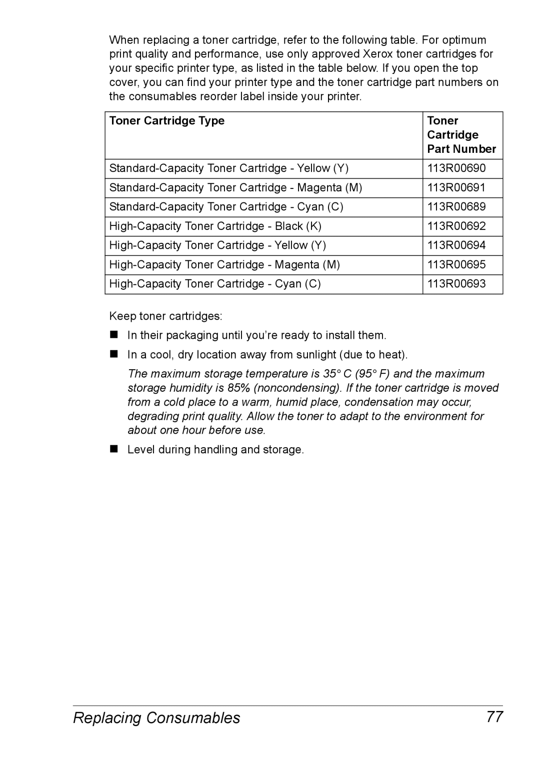 Xerox 6120 manual Replacing Consumables, Toner Cartridge Type Part Number 