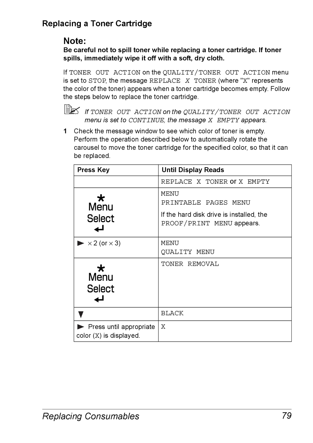 Xerox 6120 Replacing a Toner Cartridge, Printable Pages Menu, Quality Menu, Toner Removal, Press Key Until Display Reads 