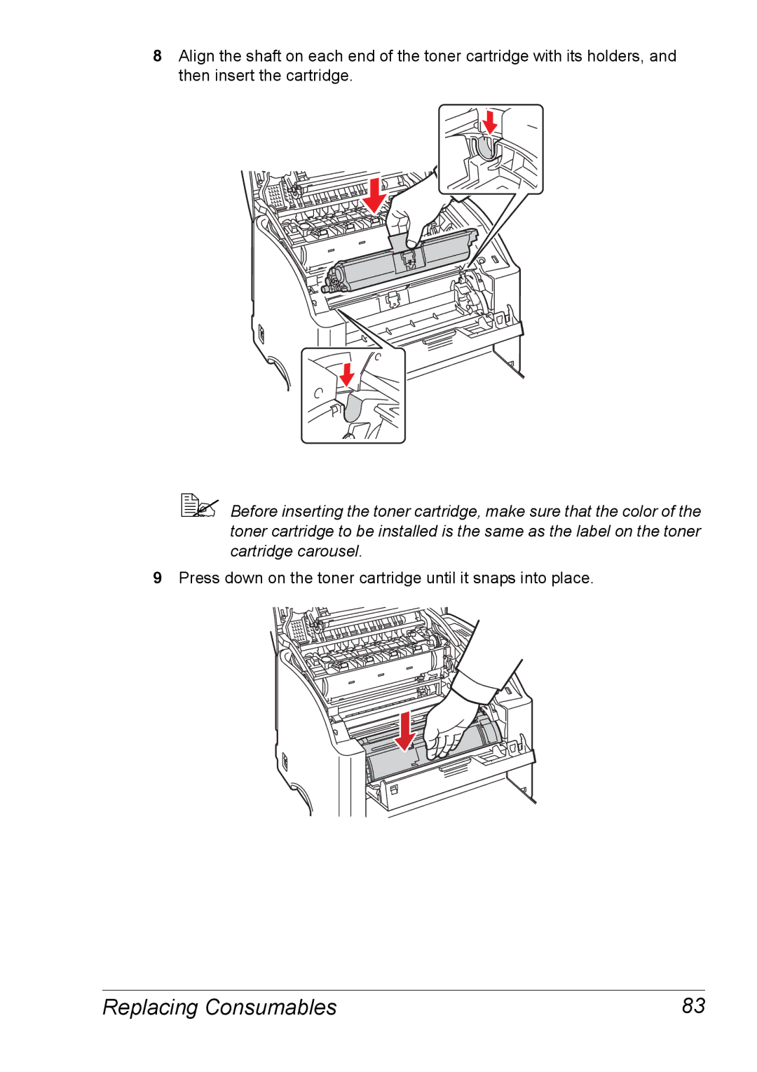 Xerox 6120 manual Press down on the toner cartridge until it snaps into place 