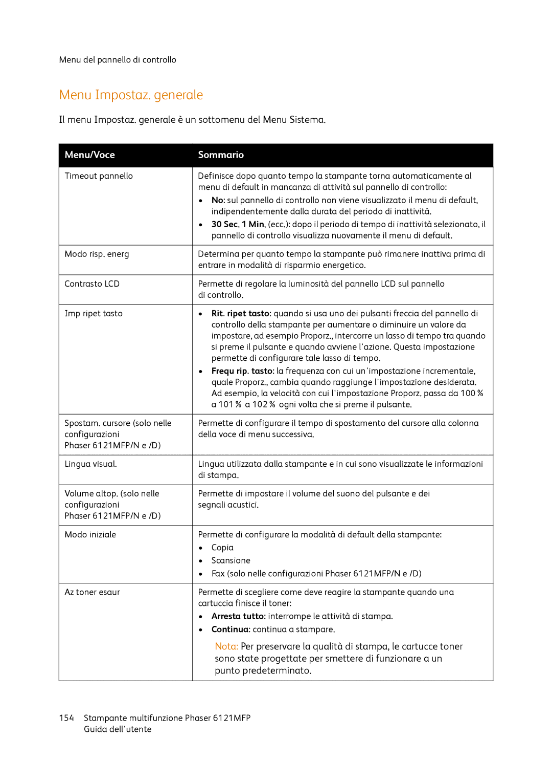 Xerox 6121MFP manual Menu Impostaz. generale 