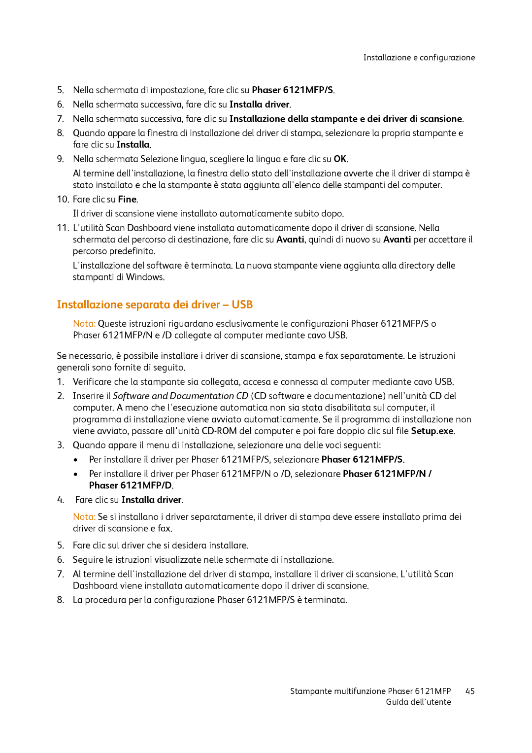 Xerox 6121MFP manual Installazione separata dei driver USB 