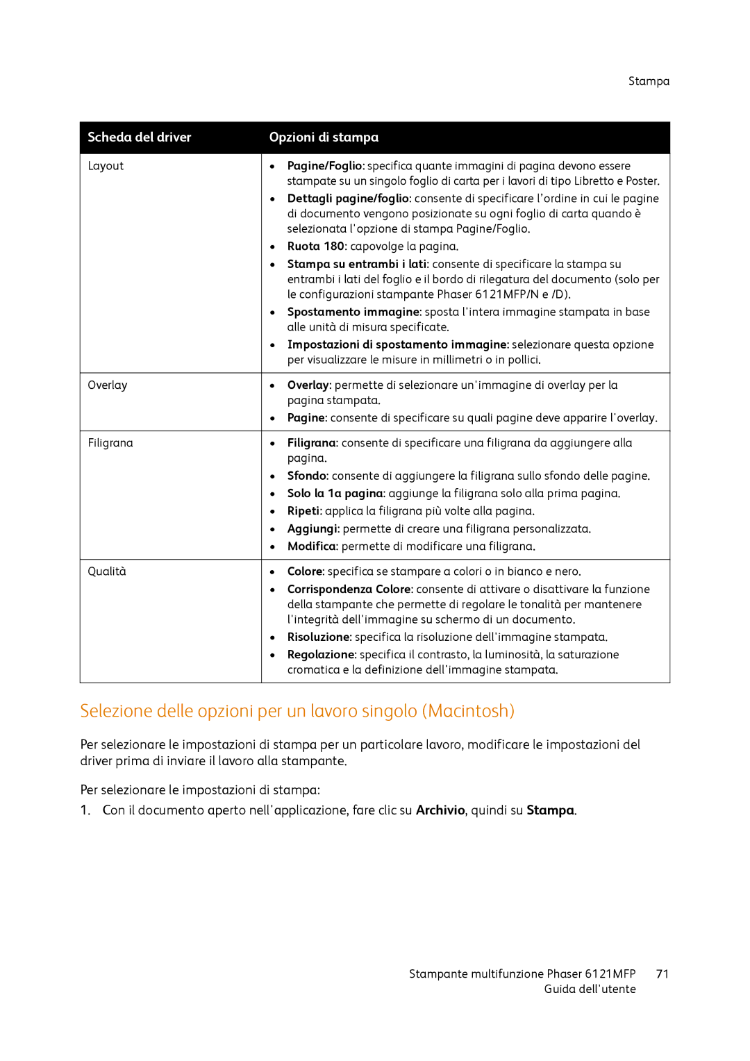 Xerox 6121MFP manual Selezione delle opzioni per un lavoro singolo Macintosh 