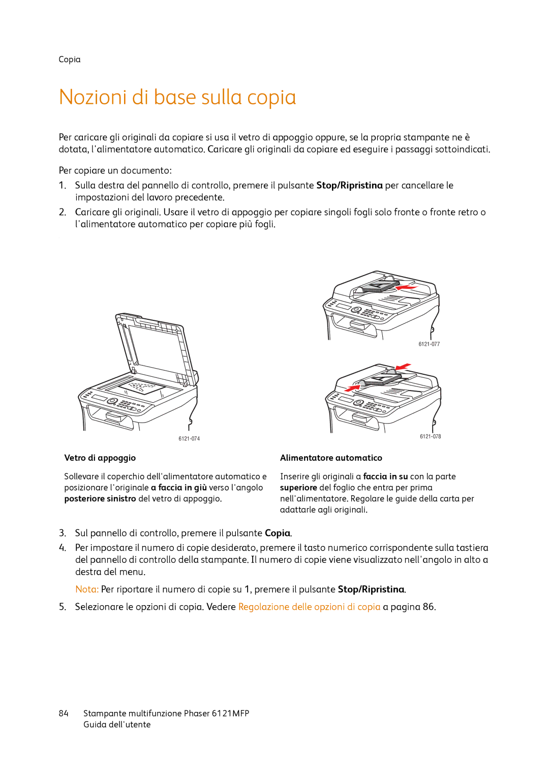 Xerox 6121MFP manual Nozioni di base sulla copia, Vetro di appoggio Alimentatore automatico 