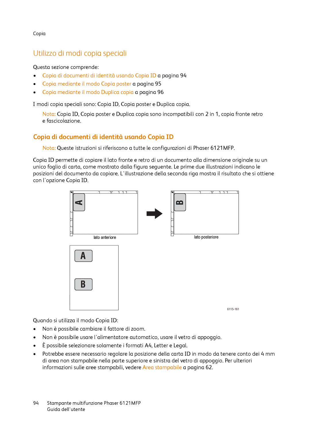 Xerox 6121MFP manual Utilizzo di modi copia speciali, Copia di documenti di identità usando Copia ID 