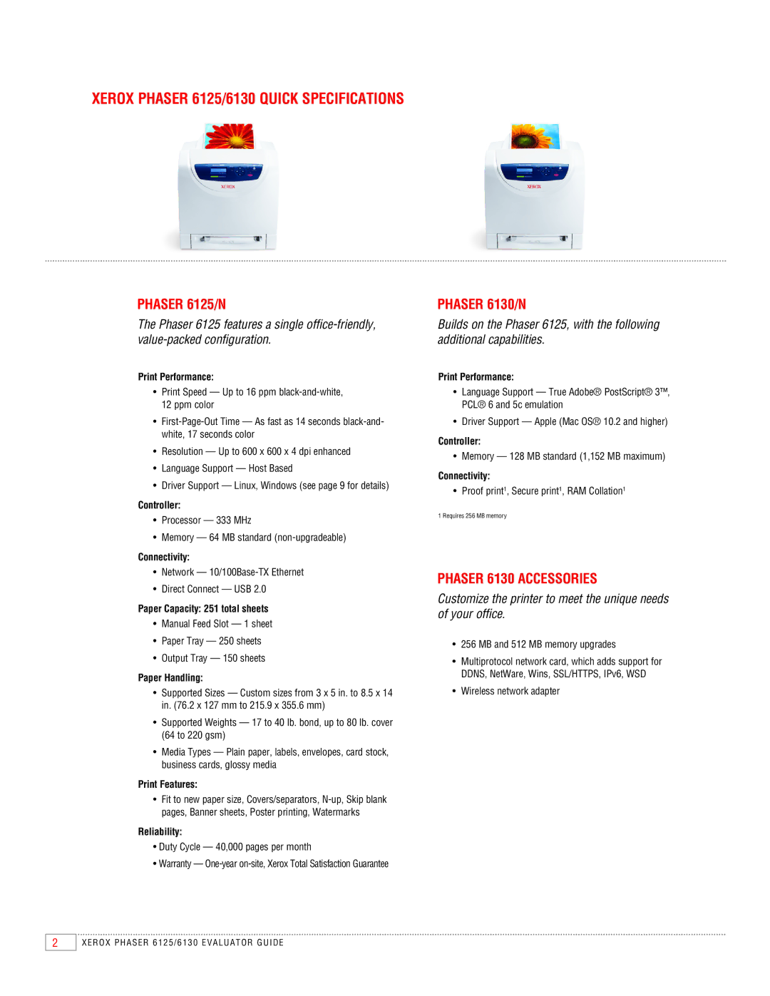 Xerox manual Xerox Phaser 6125/6130 Quick Specifications 