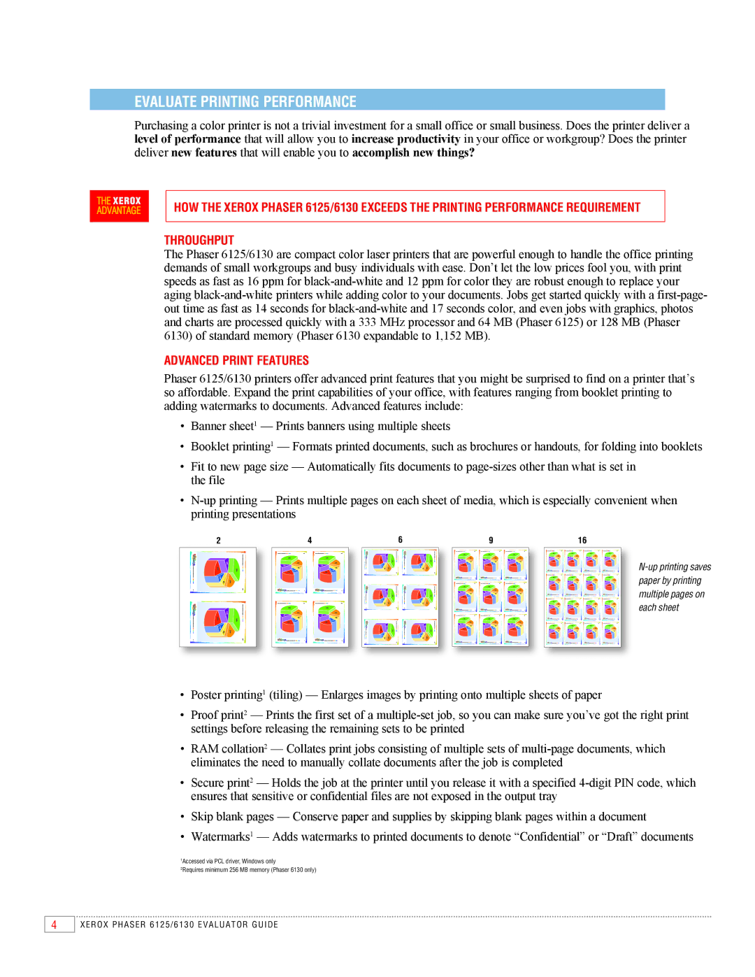 Xerox 6125, 6130 manual Evaluate Printing Performance, Throughput, Advanced Print Features 