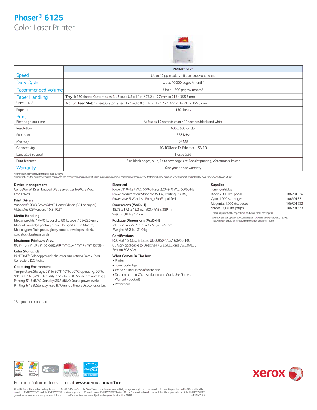 Xerox 6125 manual Speed, Duty Cycle, Paper Handling, Print, Warranty 