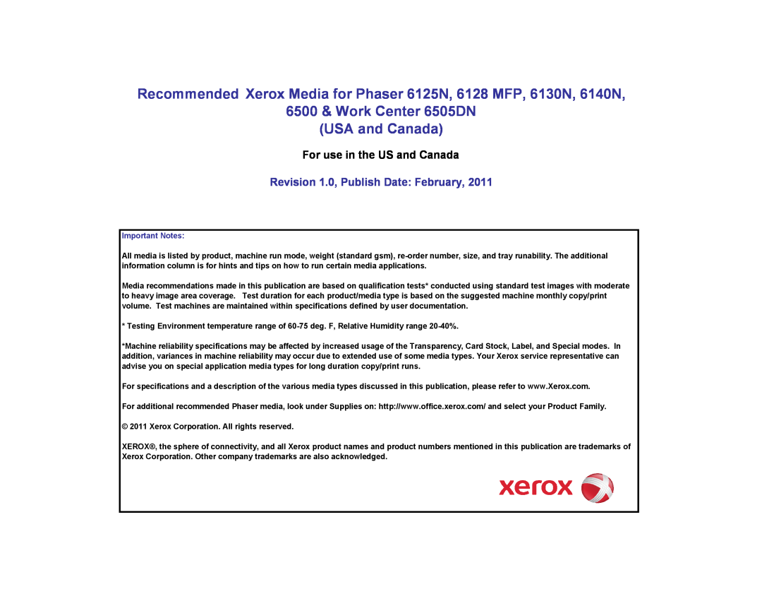 Xerox 6125/N specifications 6500 & Work Center 6505DN USA and Canada, For use in the US and Canada, Important Notes 