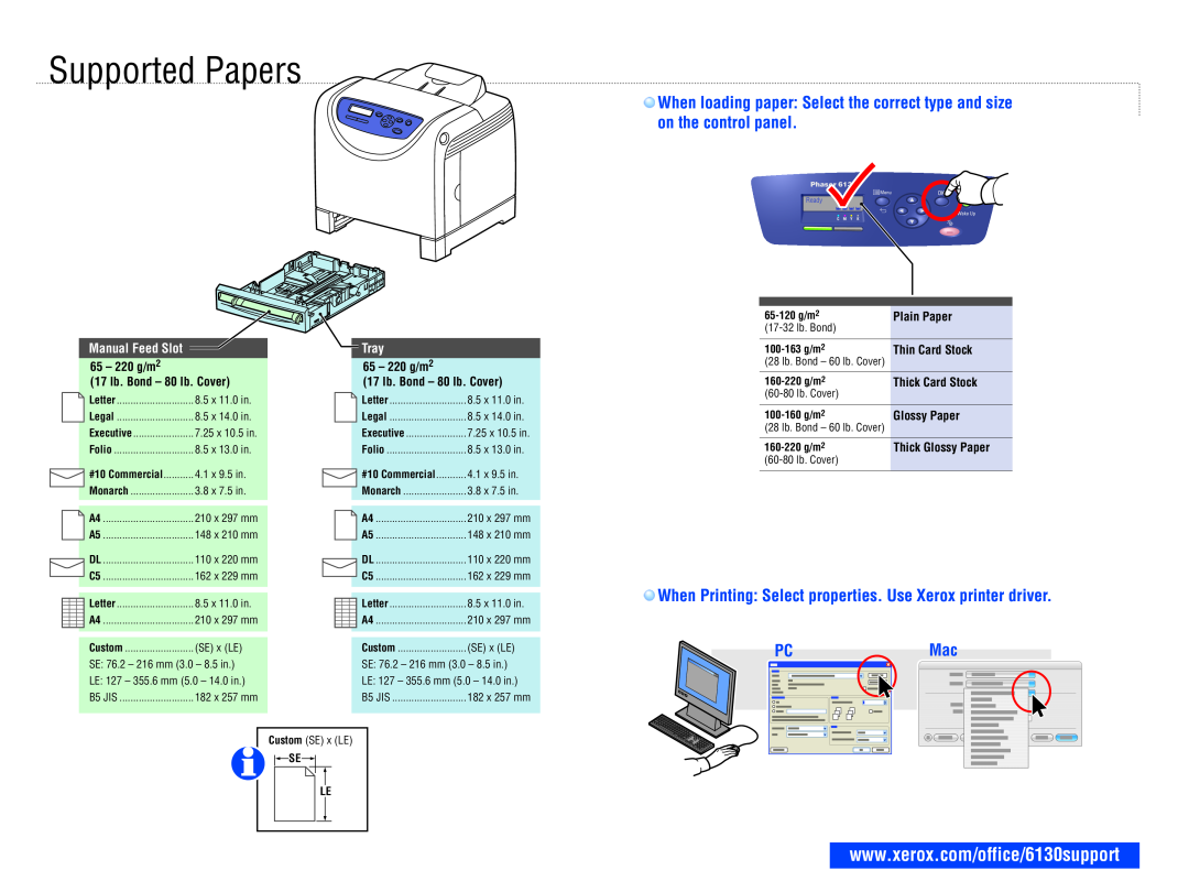 Xerox 6130/N Supported Papers, When Printing Select properties. Use Xerox printer driver PCMac, Manual Feed Slot, Tray 
