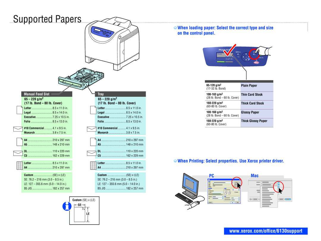 Xerox 6130/N user manual Supported Papers, Manual Feed Slot, Tray 