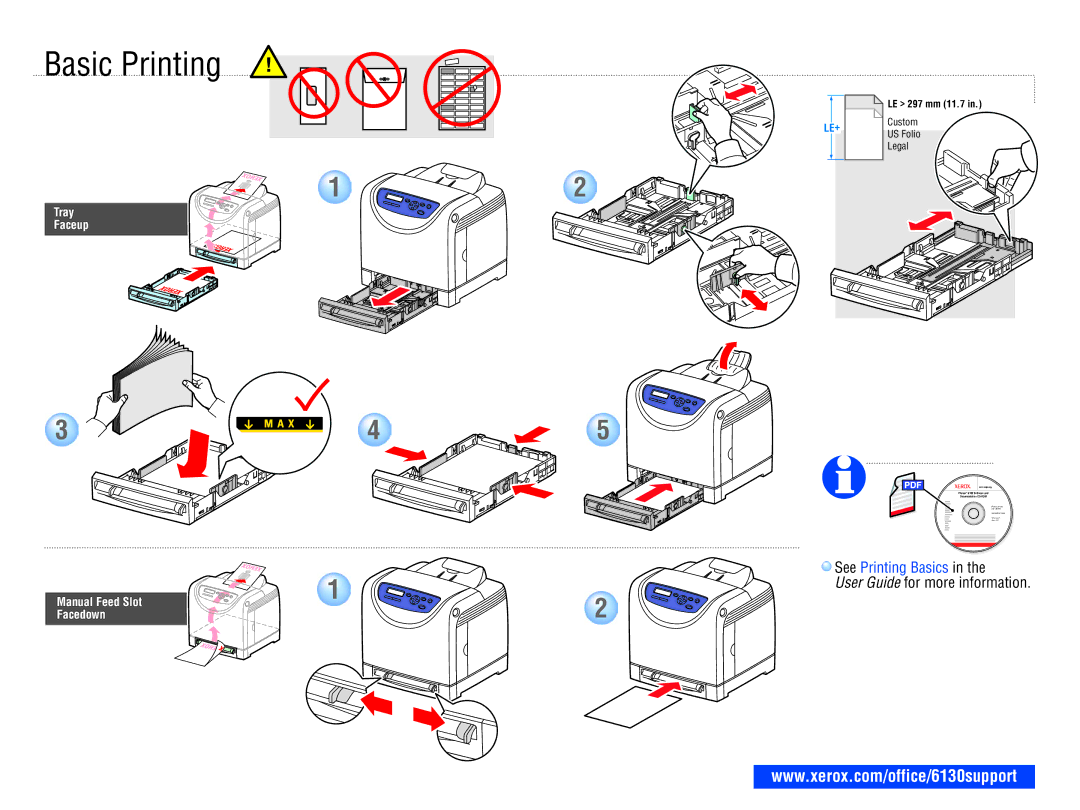 Xerox 6130/N user manual Basic Printing, Tray Faceup, Manual Feed Slot Facedown 