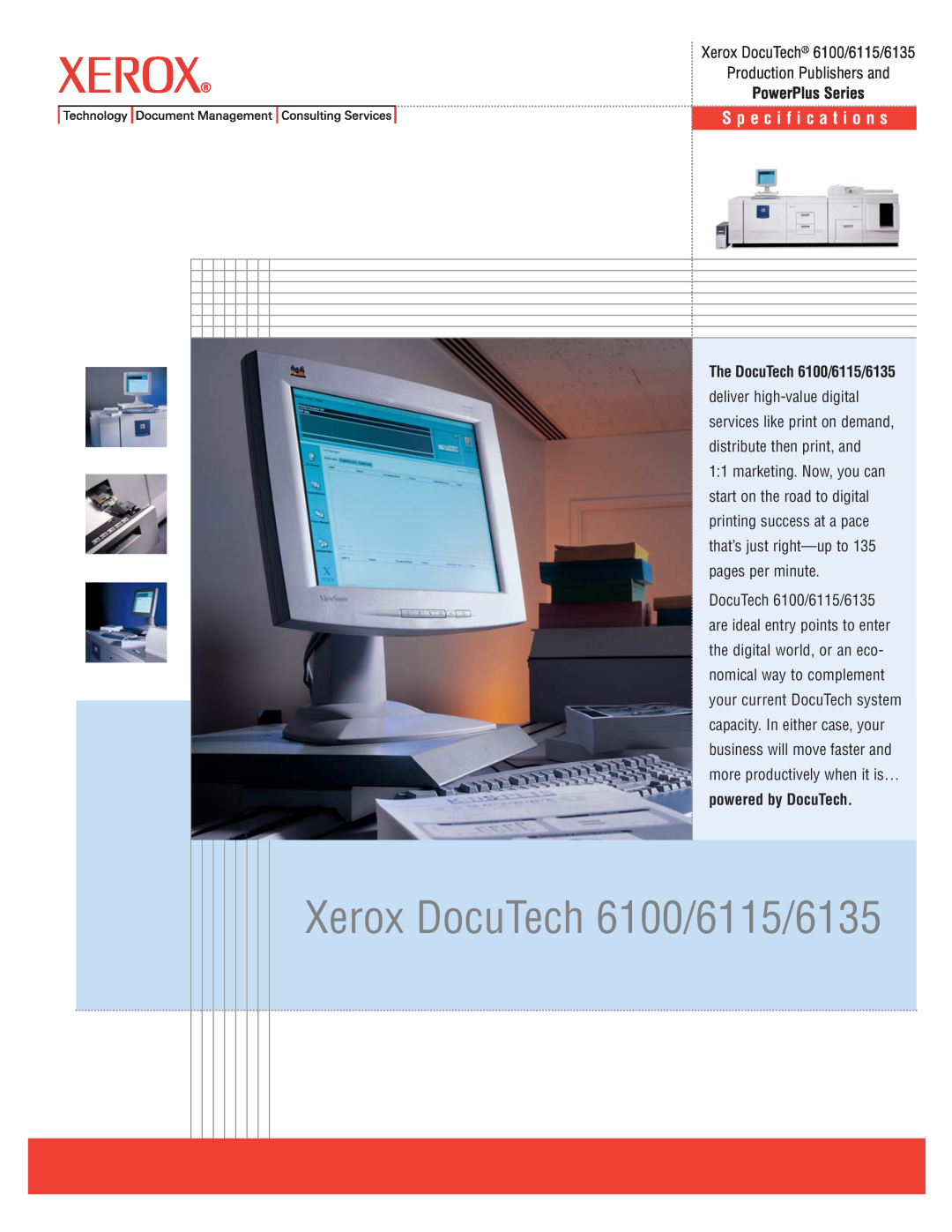 Xerox specifications Xerox DocuTech 6100/6115/6135, S p e c i f i c a t i o n s, Production Publishers and 