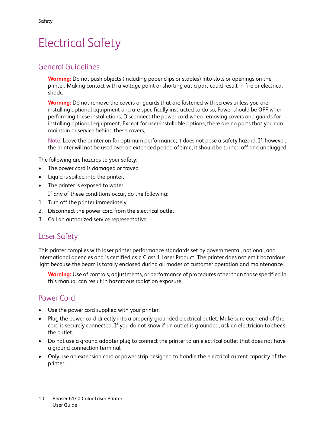 Xerox 6140 manual Electrical Safety, General Guidelines, Laser Safety, Power Cord 