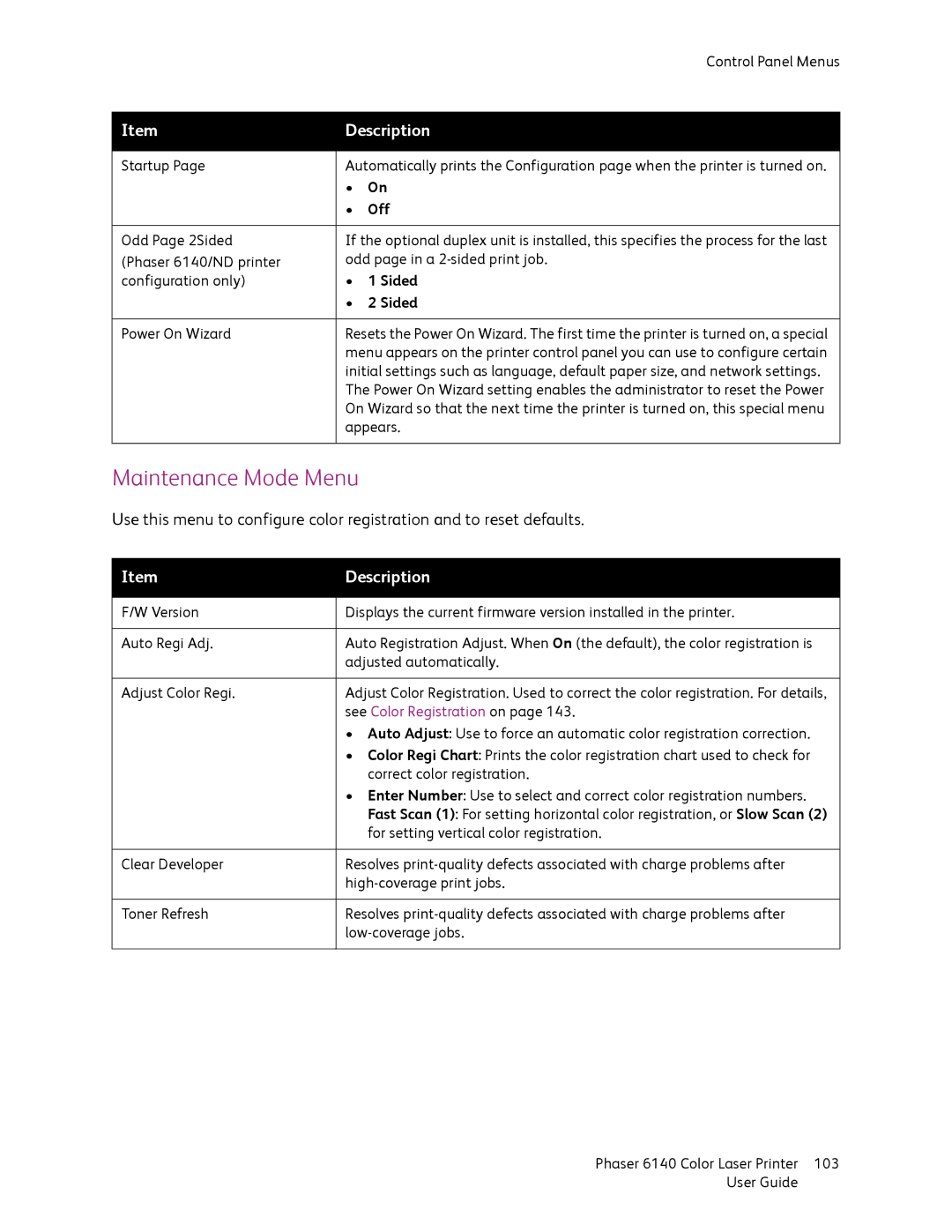 Xerox 6140 manual Maintenance Mode Menu, Off, Sided 