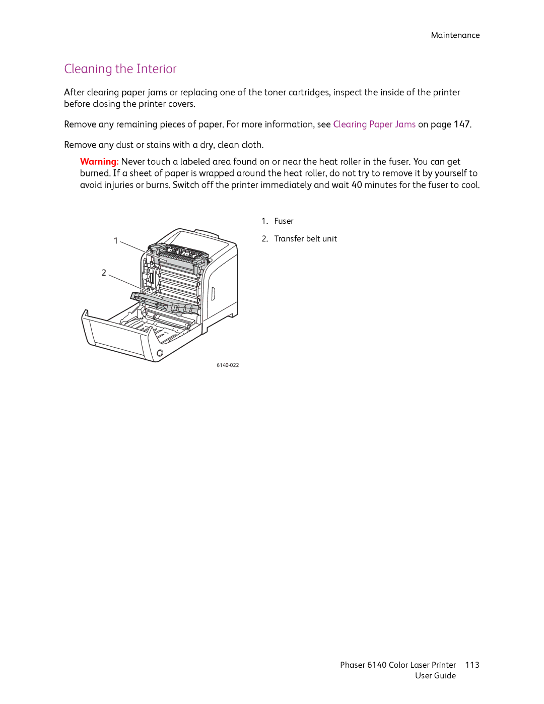 Xerox 6140 manual Cleaning the Interior 