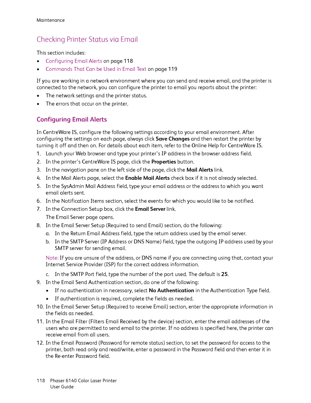 Xerox 6140 manual Checking Printer Status via Email, Configuring Email Alerts 