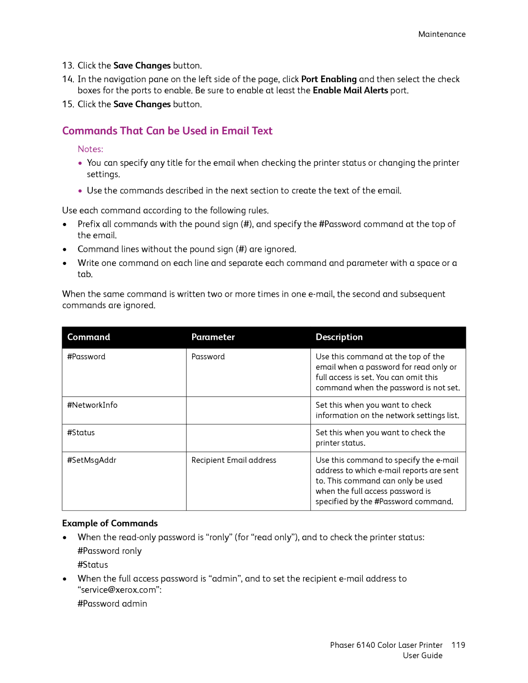 Xerox 6140 manual Commands That Can be Used in Email Text, Command Parameter Description 