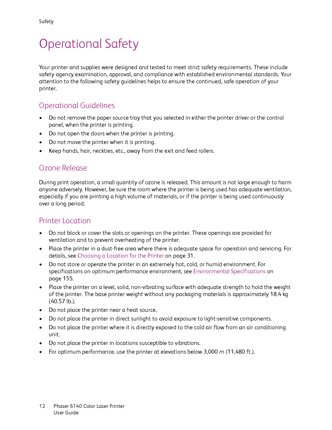 Xerox 6140 manual Operational Safety, Operational Guidelines, Ozone Release, Printer Location 