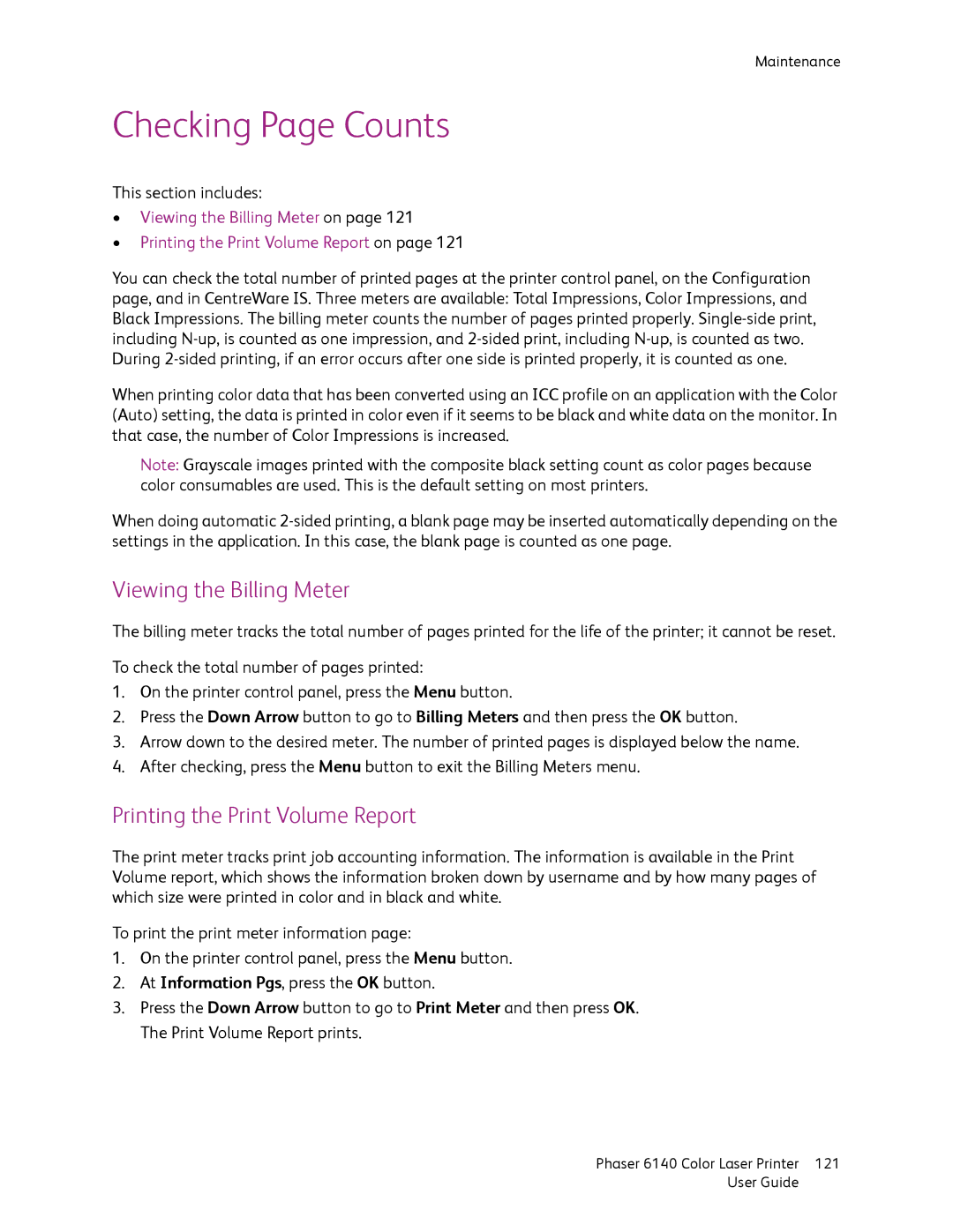 Xerox 6140 manual Checking Page Counts, Viewing the Billing Meter, Printing the Print Volume Report 