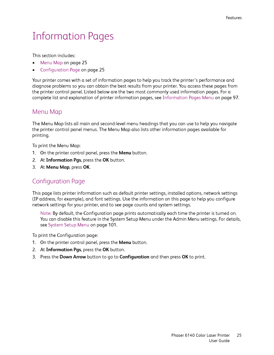 Xerox 6140 manual Information Pages, Menu Map, Configuration 