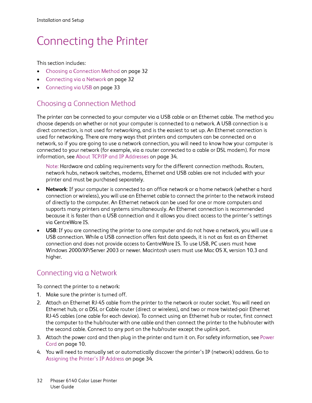 Xerox 6140 manual Connecting the Printer, Choosing a Connection Method, Connecting via a Network 