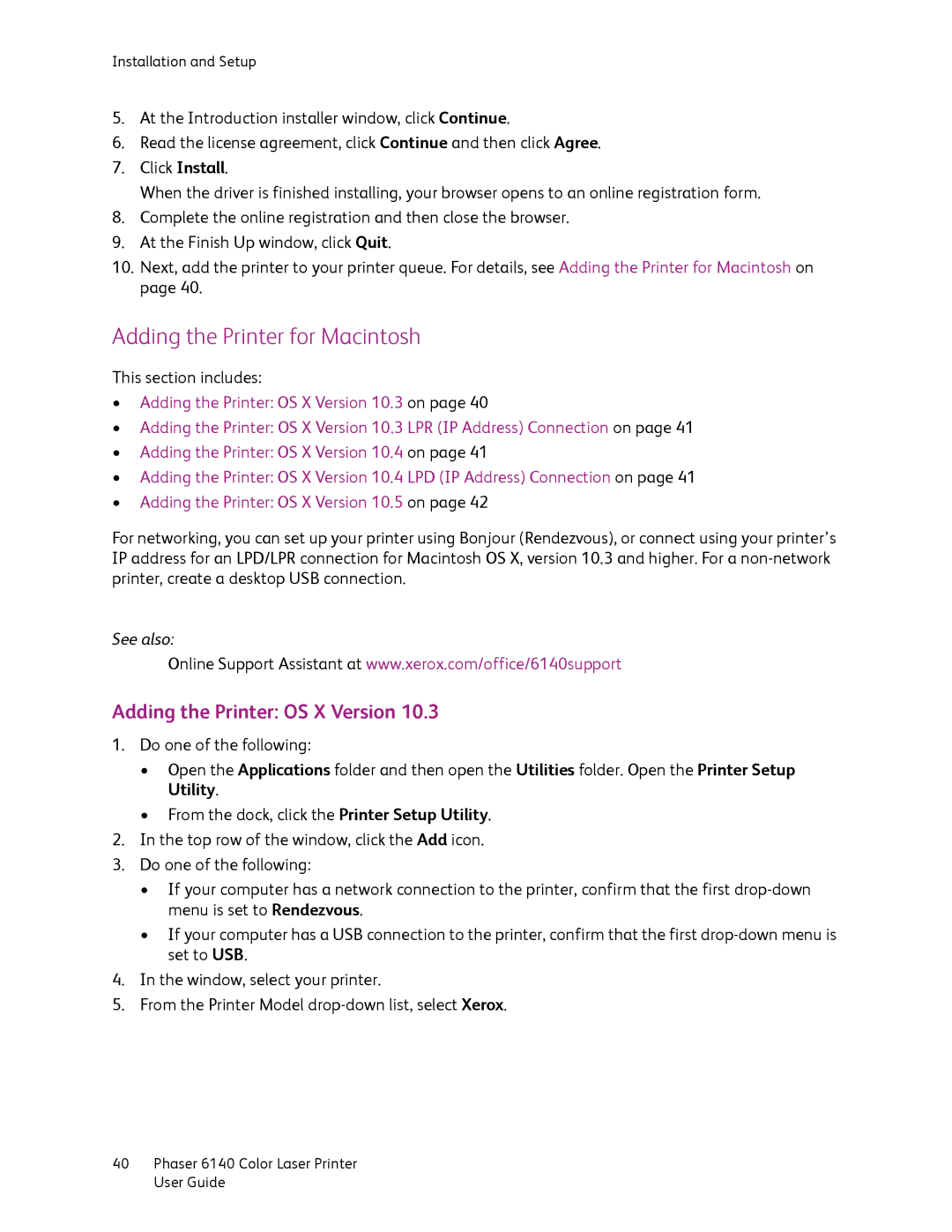 Xerox 6140 manual Adding the Printer for Macintosh, Adding the Printer OS X Version 