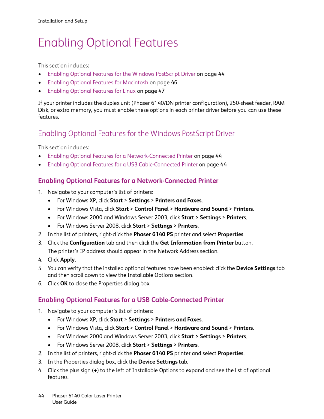 Xerox 6140 manual Enabling Optional Features for a Network-Connected Printer 