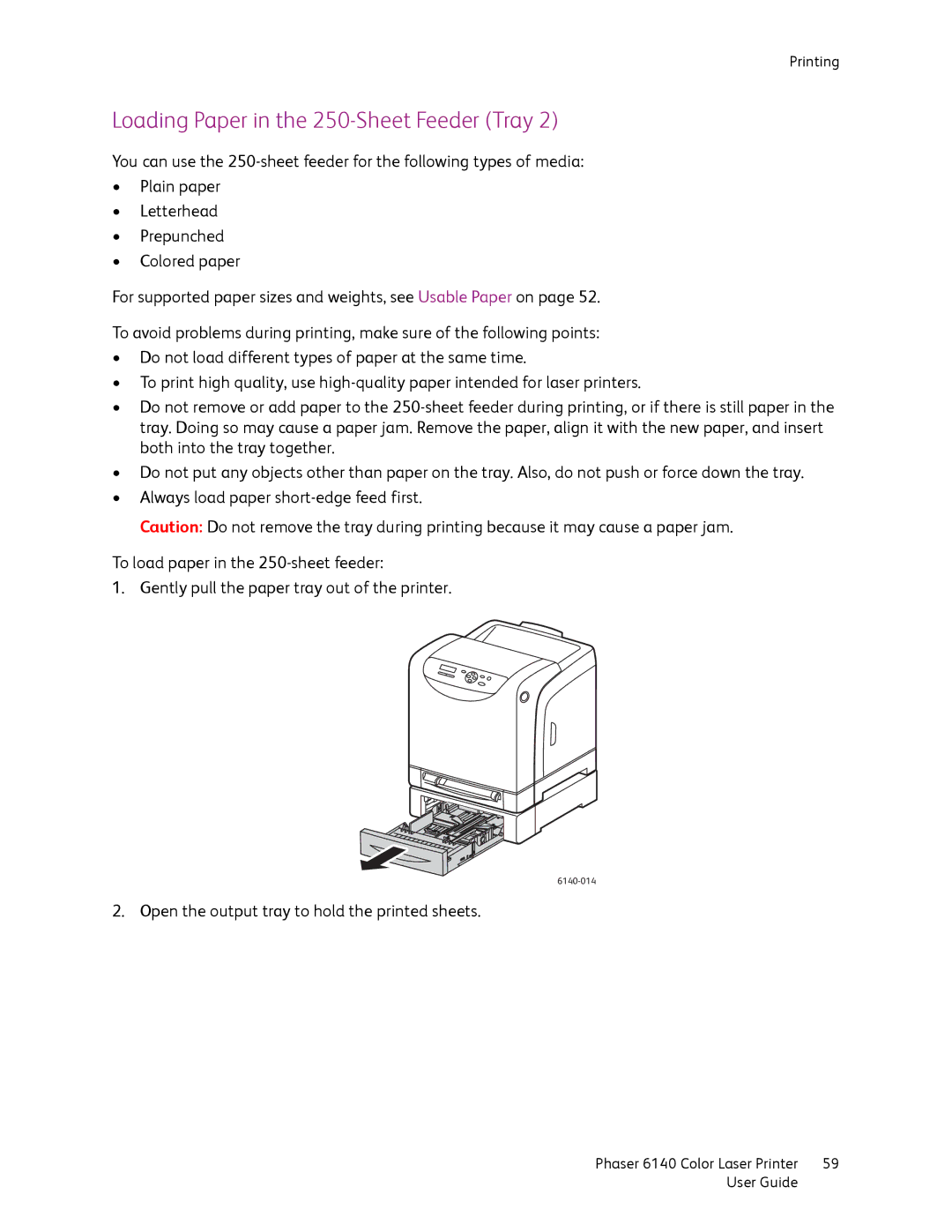 Xerox 6140 manual Loading Paper in the 250-Sheet Feeder Tray 