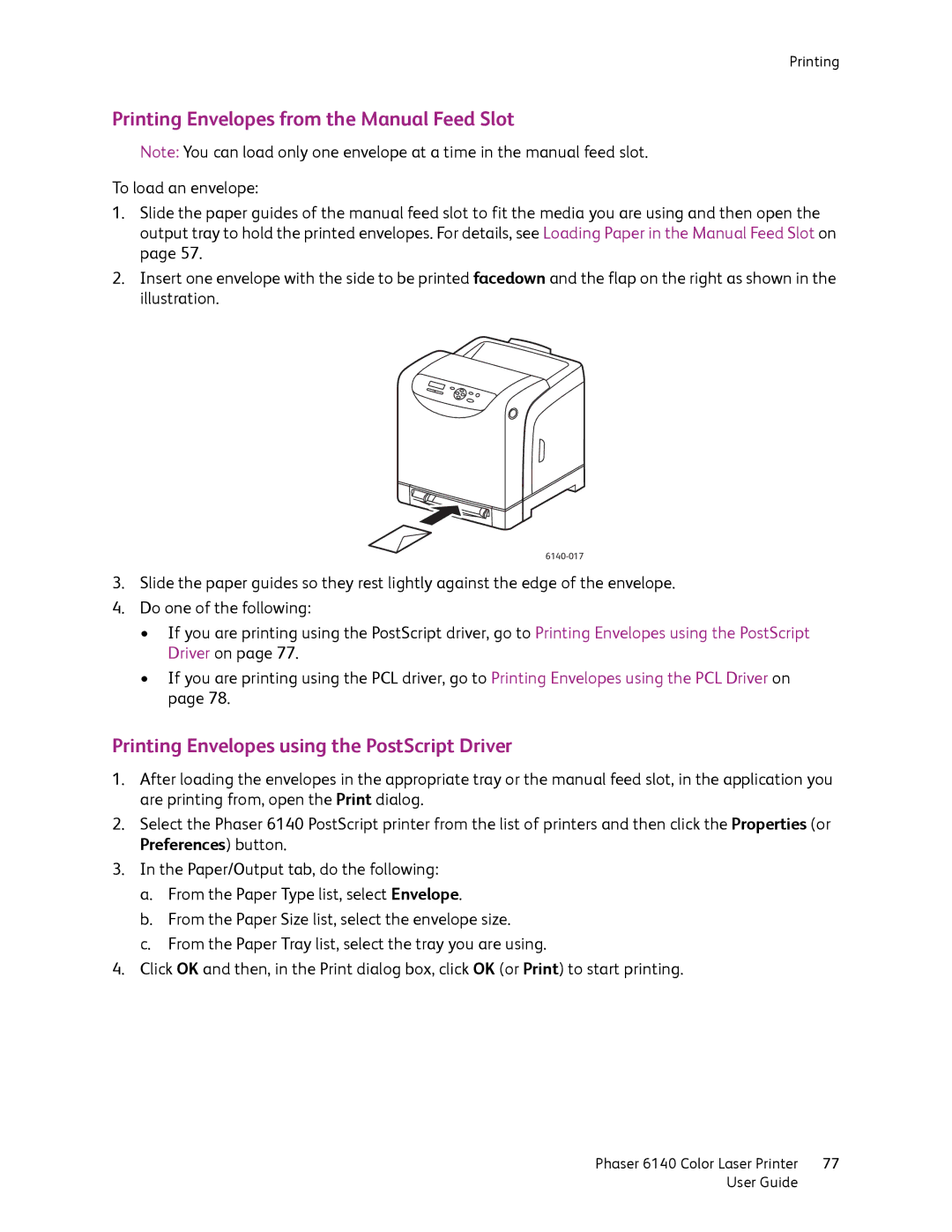 Xerox 6140 manual Printing Envelopes from the Manual Feed Slot, Printing Envelopes using the PostScript Driver 