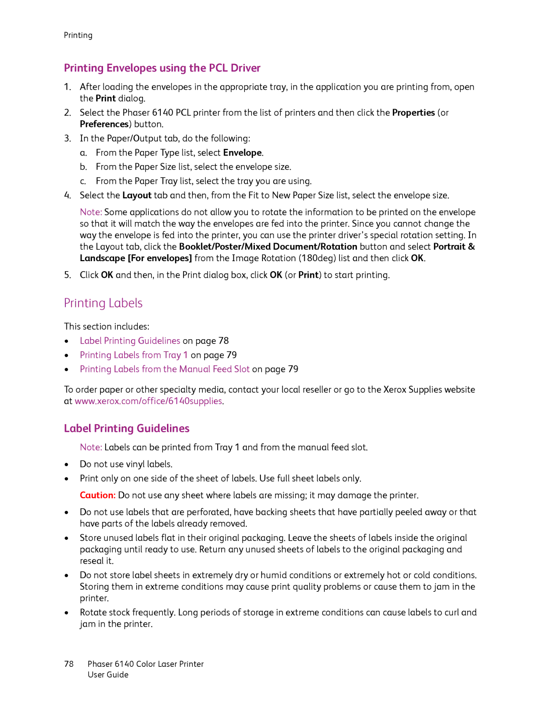 Xerox 6140 manual Printing Labels, Printing Envelopes using the PCL Driver, Label Printing Guidelines 