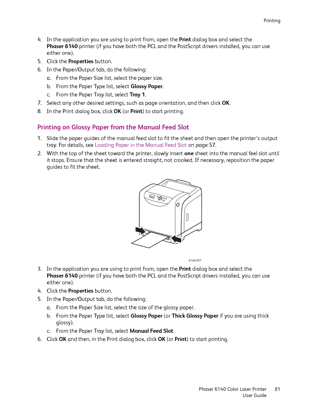 Xerox 6140 manual Printing on Glossy Paper from the Manual Feed Slot 