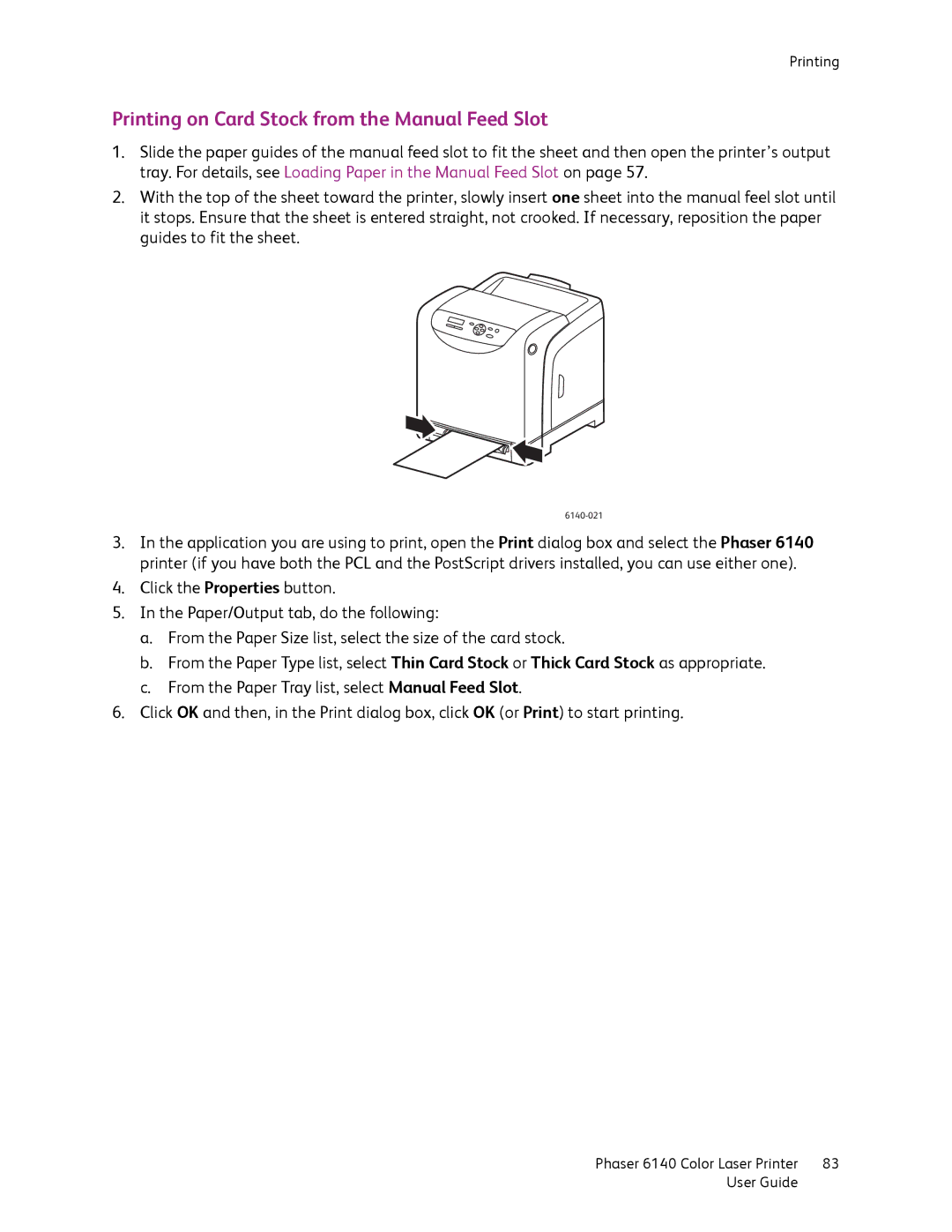 Xerox 6140 manual Printing on Card Stock from the Manual Feed Slot 