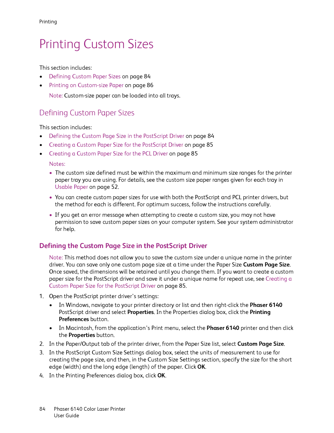 Xerox 6140 Printing Custom Sizes, Defining Custom Paper Sizes, Defining the Custom Page Size in the PostScript Driver 