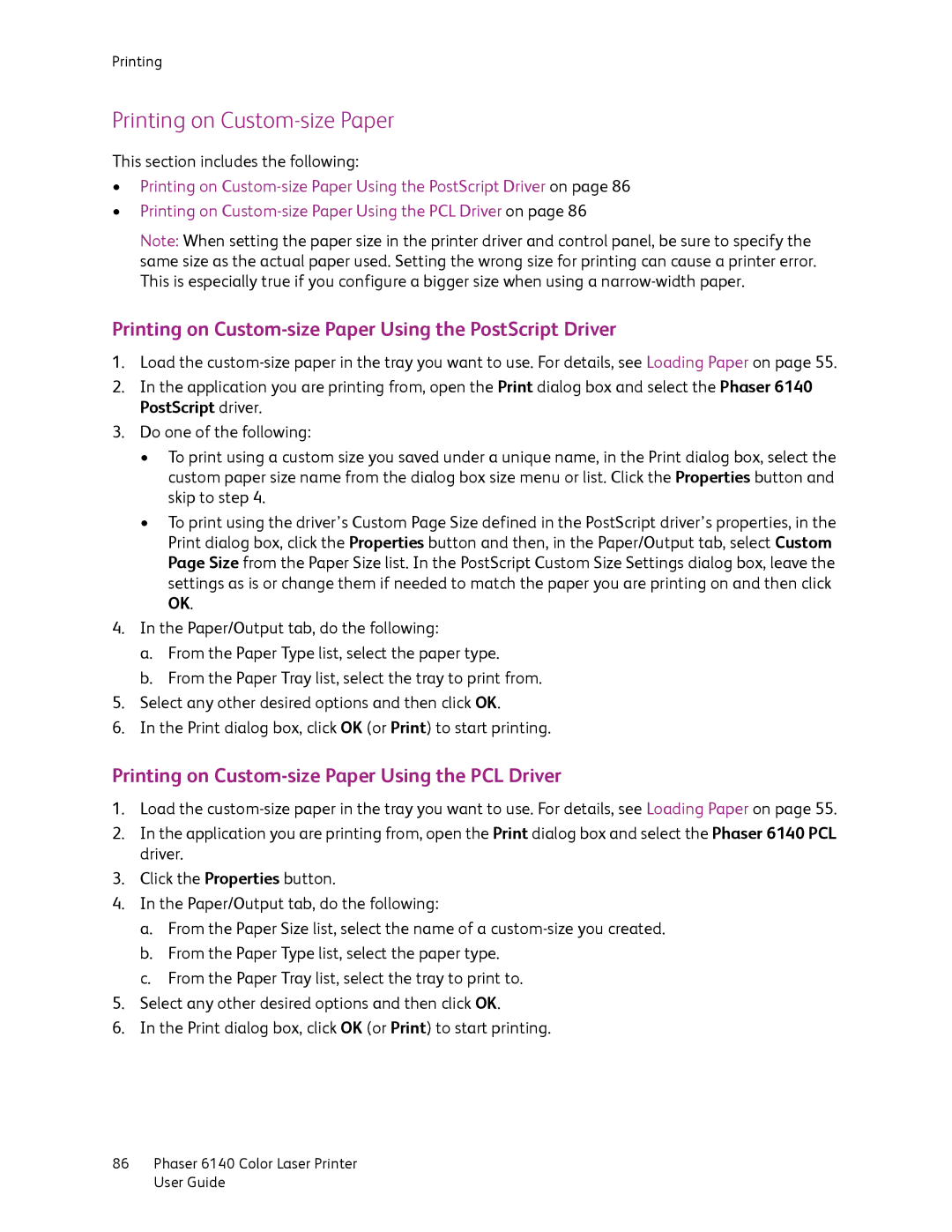 Xerox 6140 manual Printing on Custom-size Paper Using the PostScript Driver 