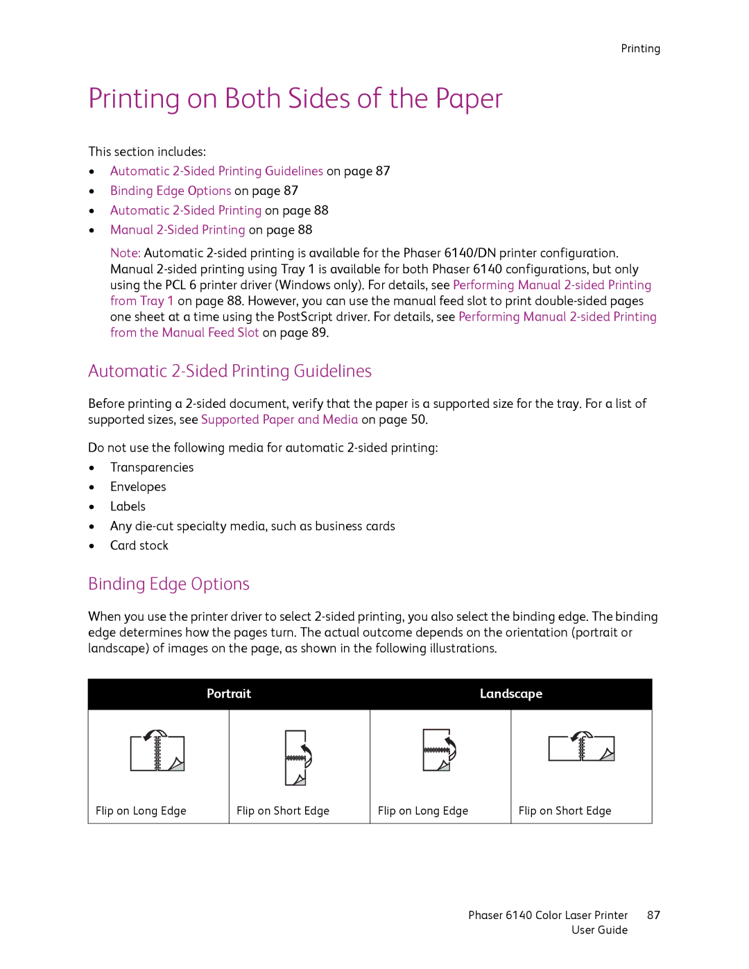 Xerox 6140 manual Printing on Both Sides of the Paper, Automatic 2-Sided Printing Guidelines, Binding Edge Options 