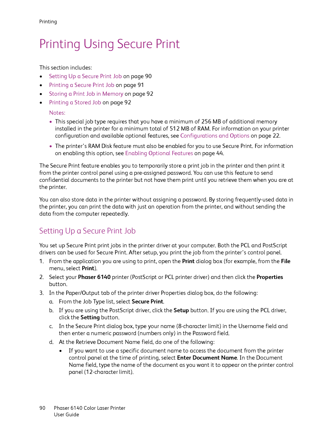 Xerox 6140 manual Printing Using Secure Print, Setting Up a Secure Print Job 