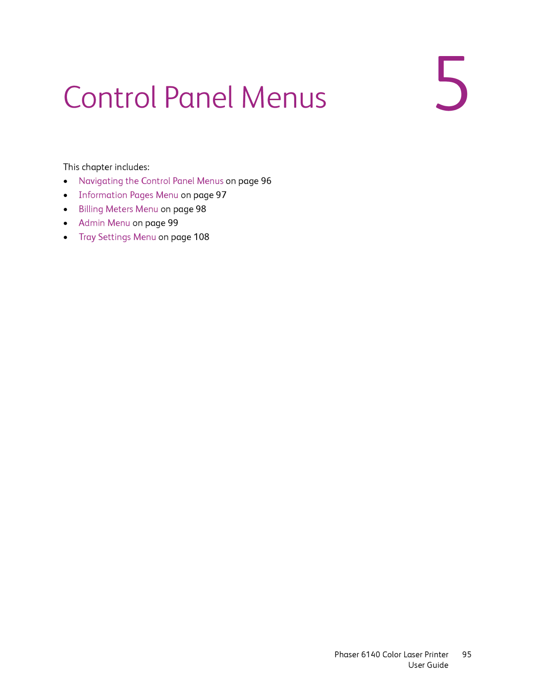 Xerox 6140 manual Control Panel Menus 