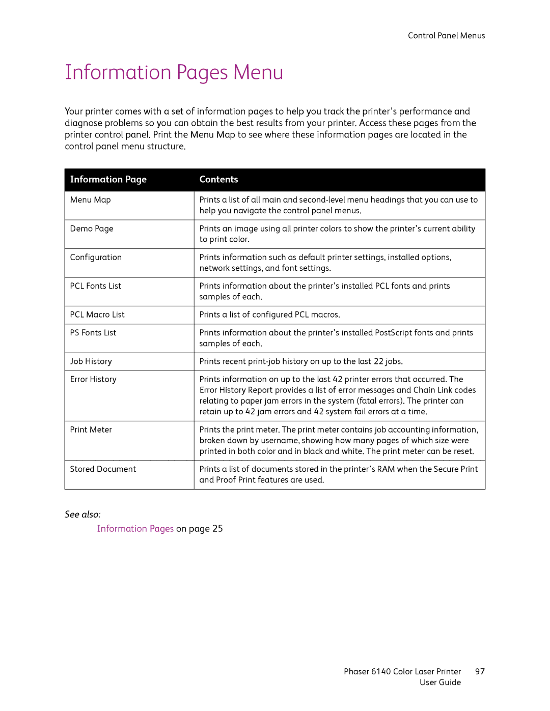 Xerox 6140 manual Information Pages Menu, Information Contents 