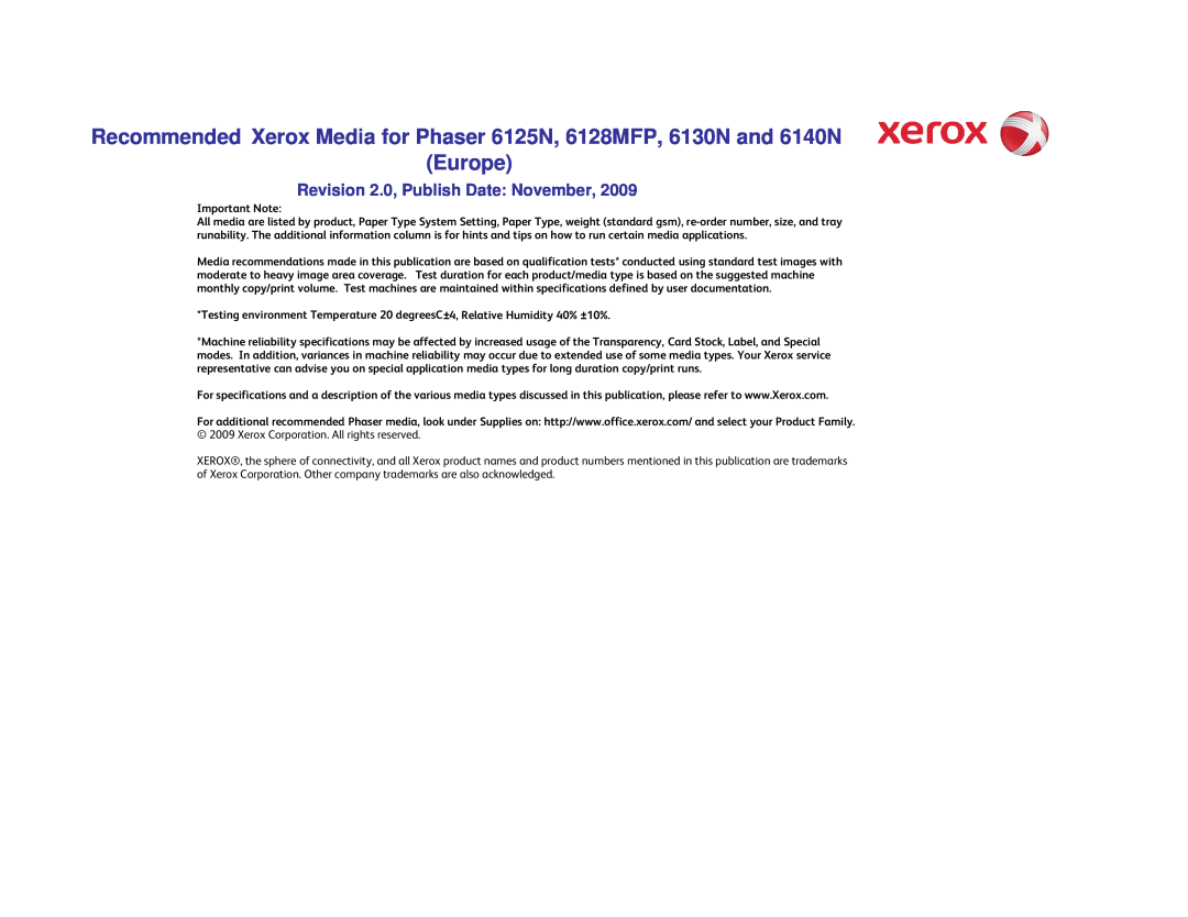Xerox 6140/N specifications Europe, Revision 2.0, Publish Date November 