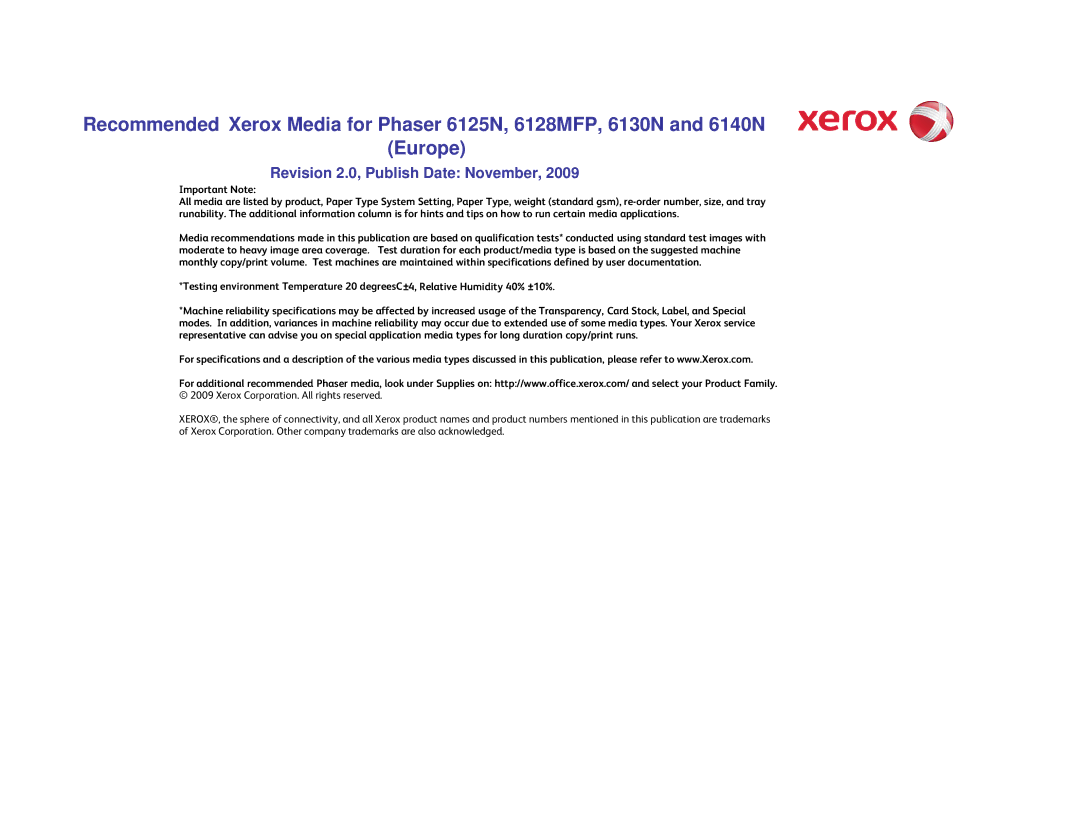 Xerox 6140/N specifications Revision 2.0, Publish Date November 