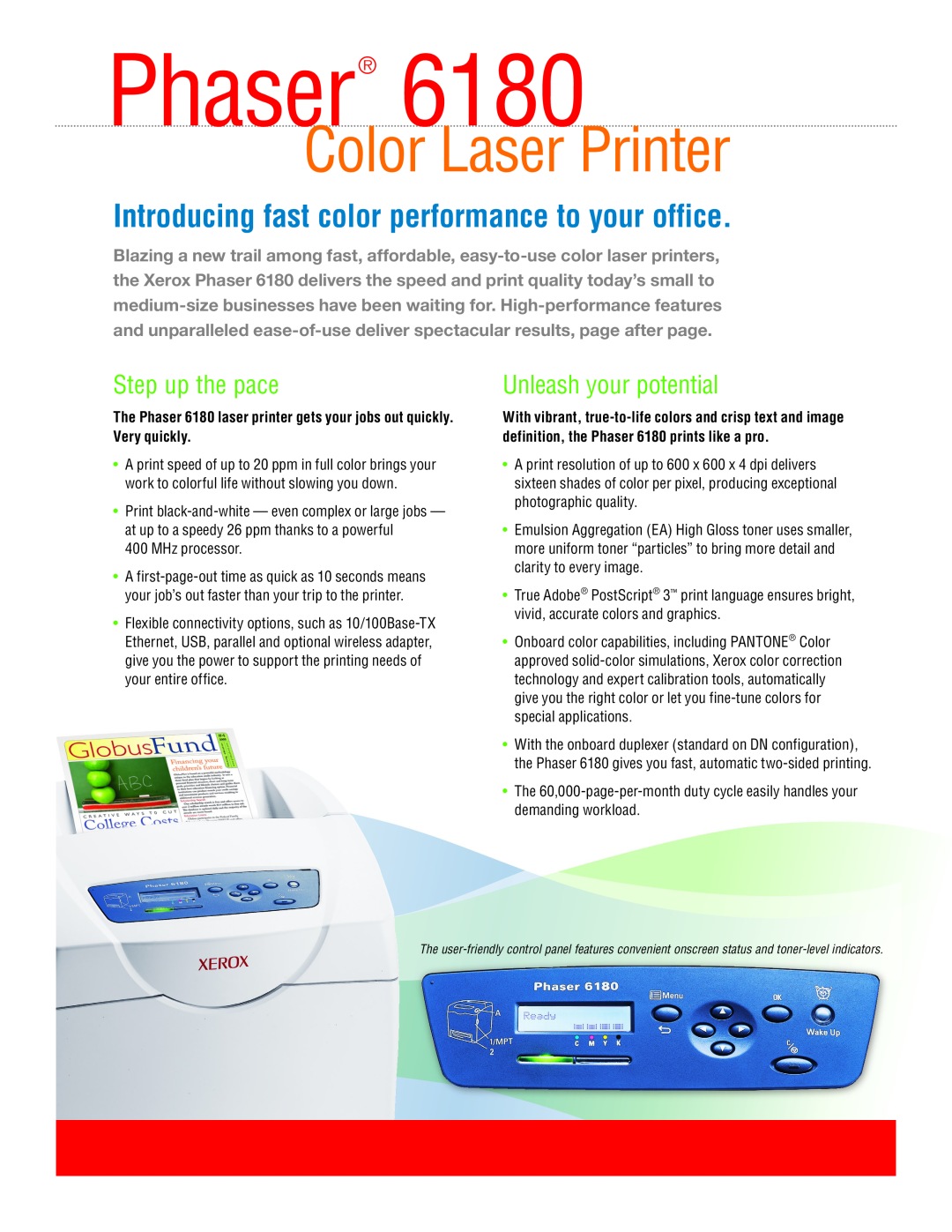 Xerox 6180 manual Step up the pace, Unleash your potential, Phaser, Color Laser Printer 