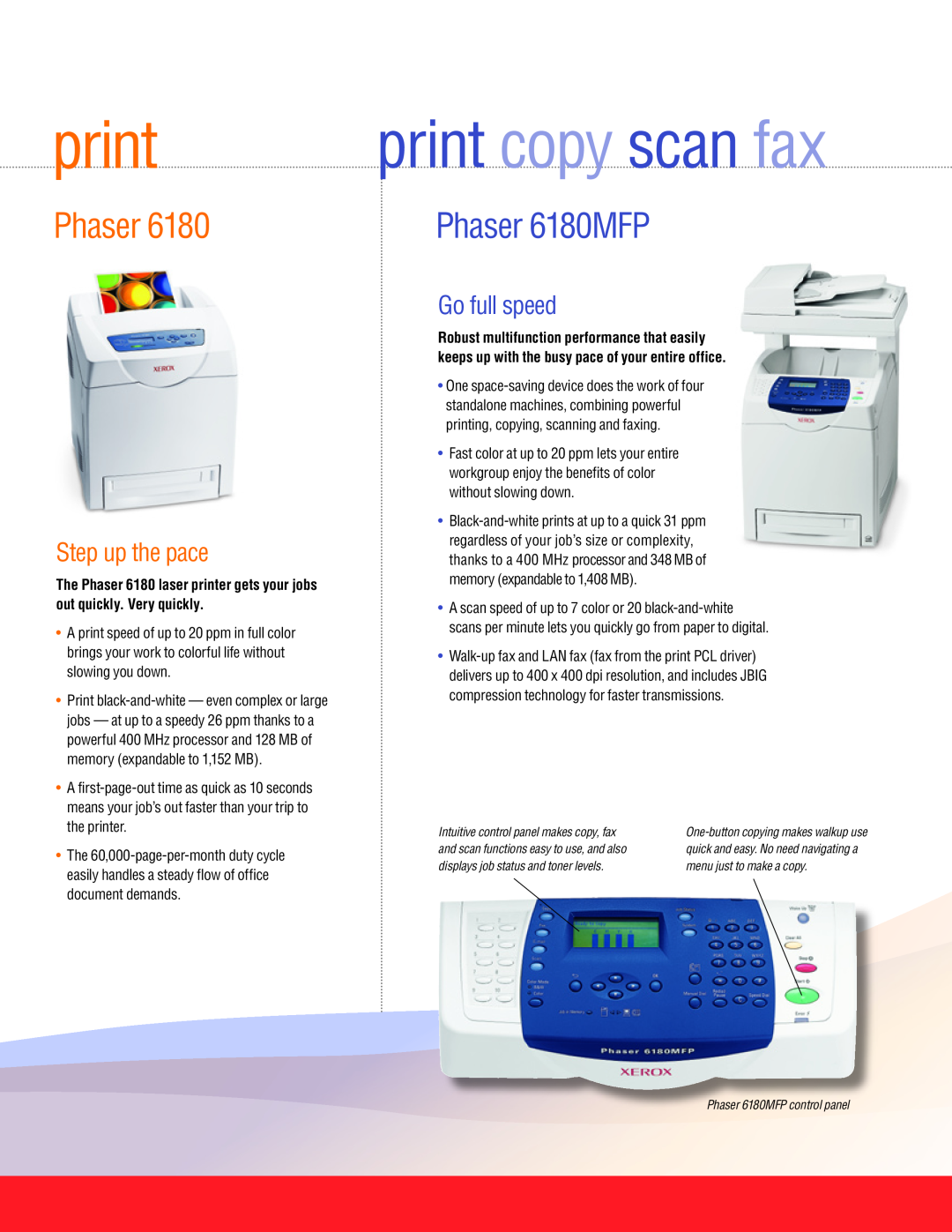 Xerox manual print copy scan fax, Phaser 6180MFP, Step up the pace, Go full speed 