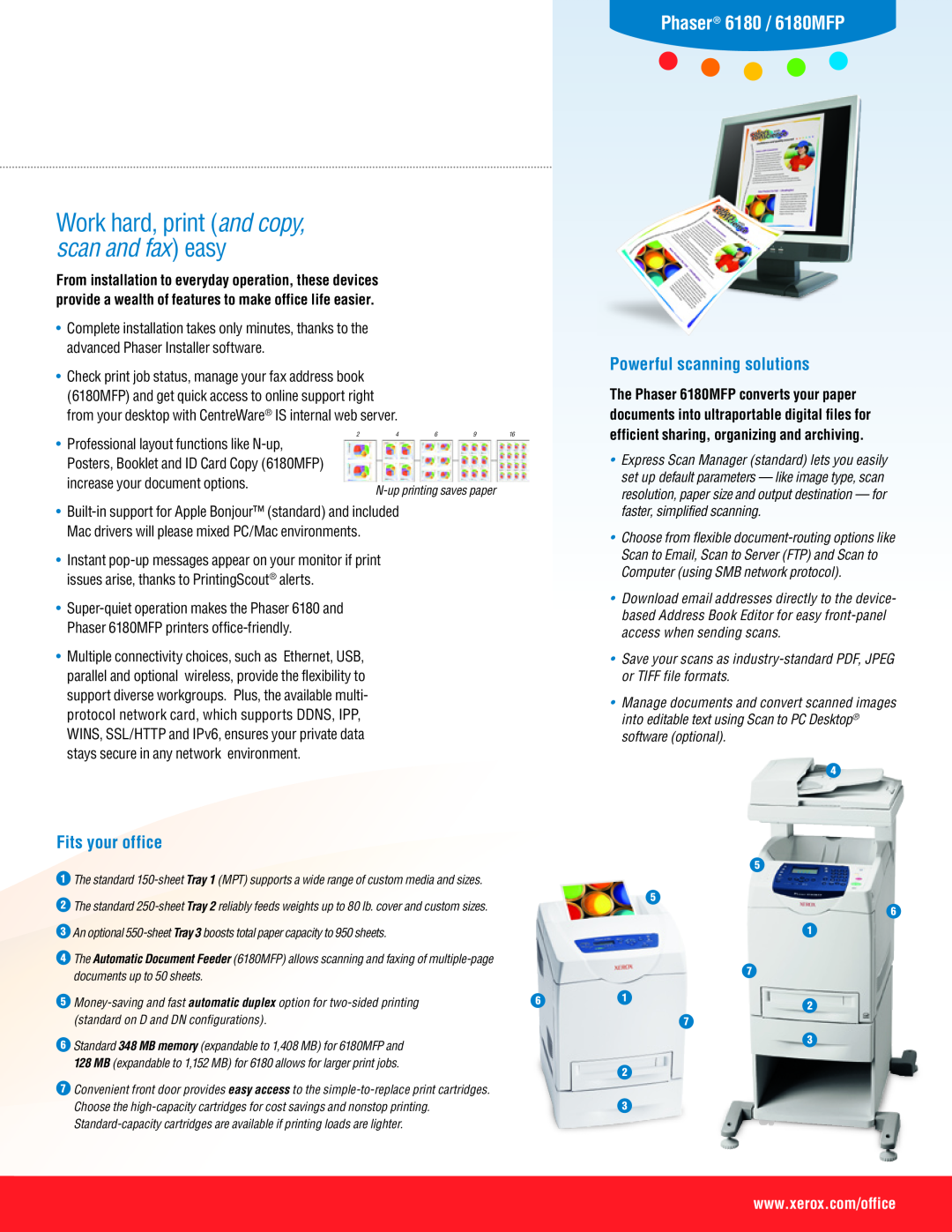 Xerox 6180 efficient sharing, organizing and archiving, Work hard, print and copy, scan and fax easy, Fits your office 