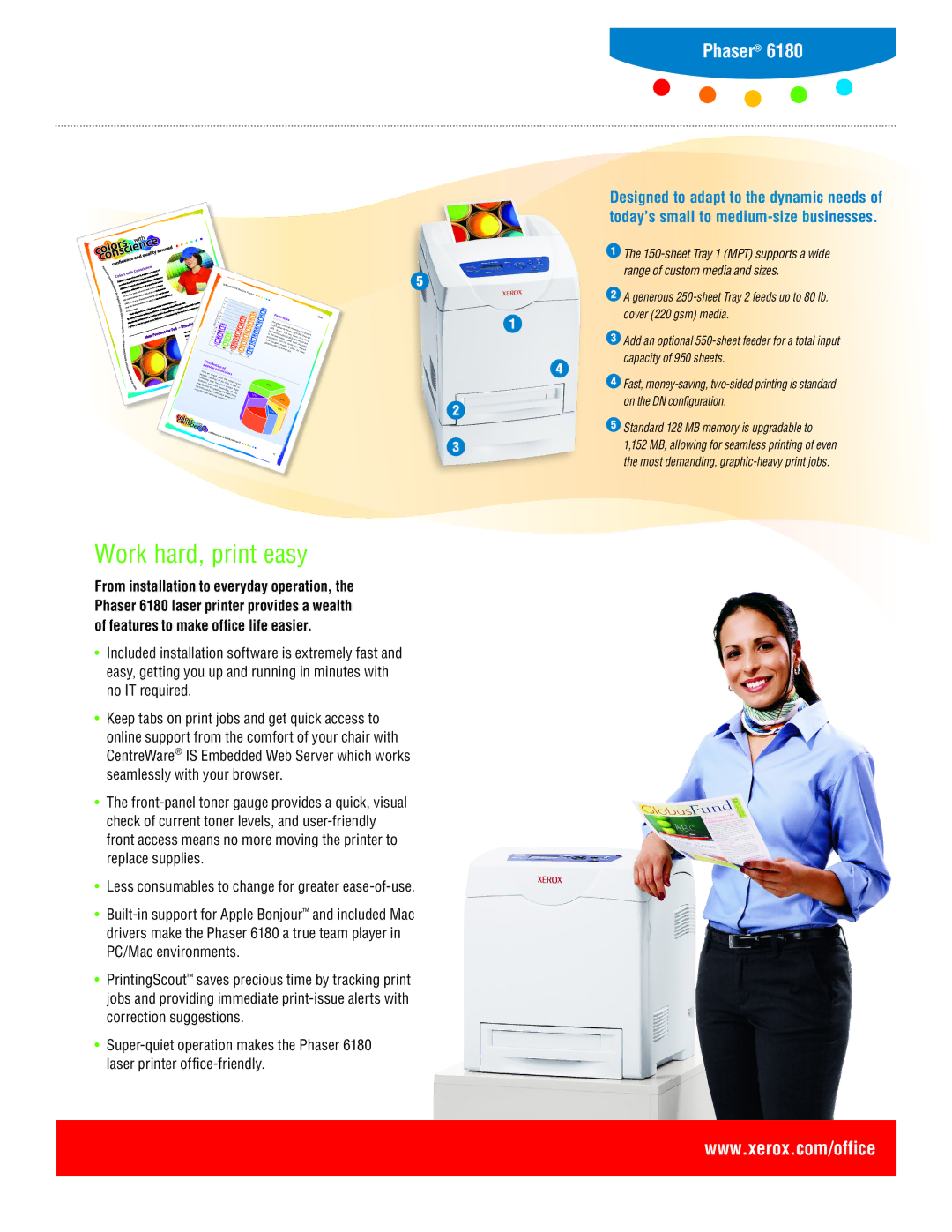 Xerox 6180 manual Work hard, print easy, Range of custom media and sizes 