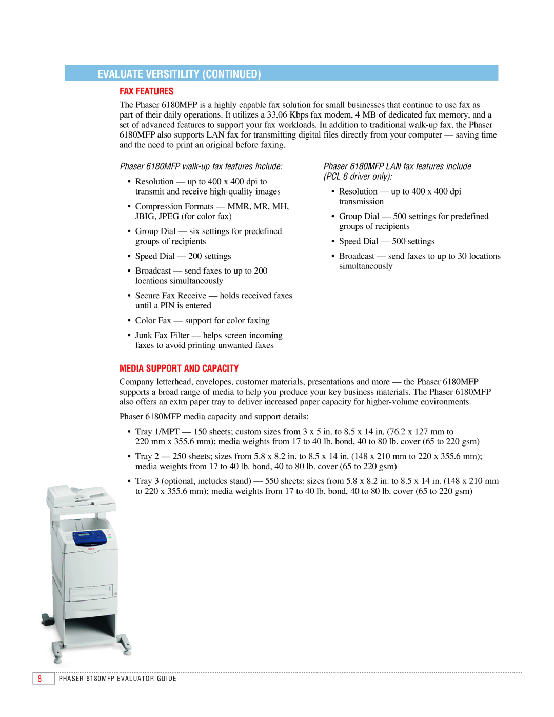 Xerox 6180MFP manual Fax Features, Media Support and Capacity 