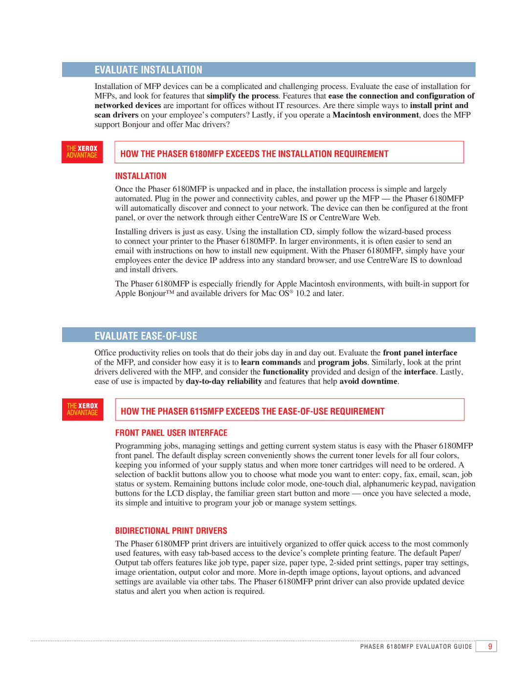 Xerox 6180MFP manual Installation, Front Panel User Interface, Bidirectional Print Drivers 