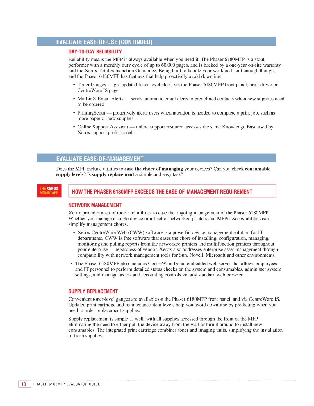 Xerox 6180MFP manual Day-to-Day Reliability, Network Management, Supply Replacement 