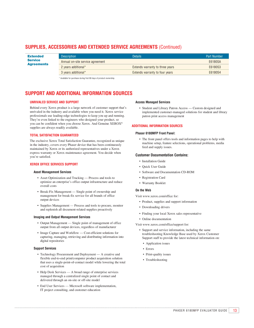 Xerox 6180MFP manual SUPPLIES, Accessories and Extended Service Agreements, Support and Additional Information Sources 