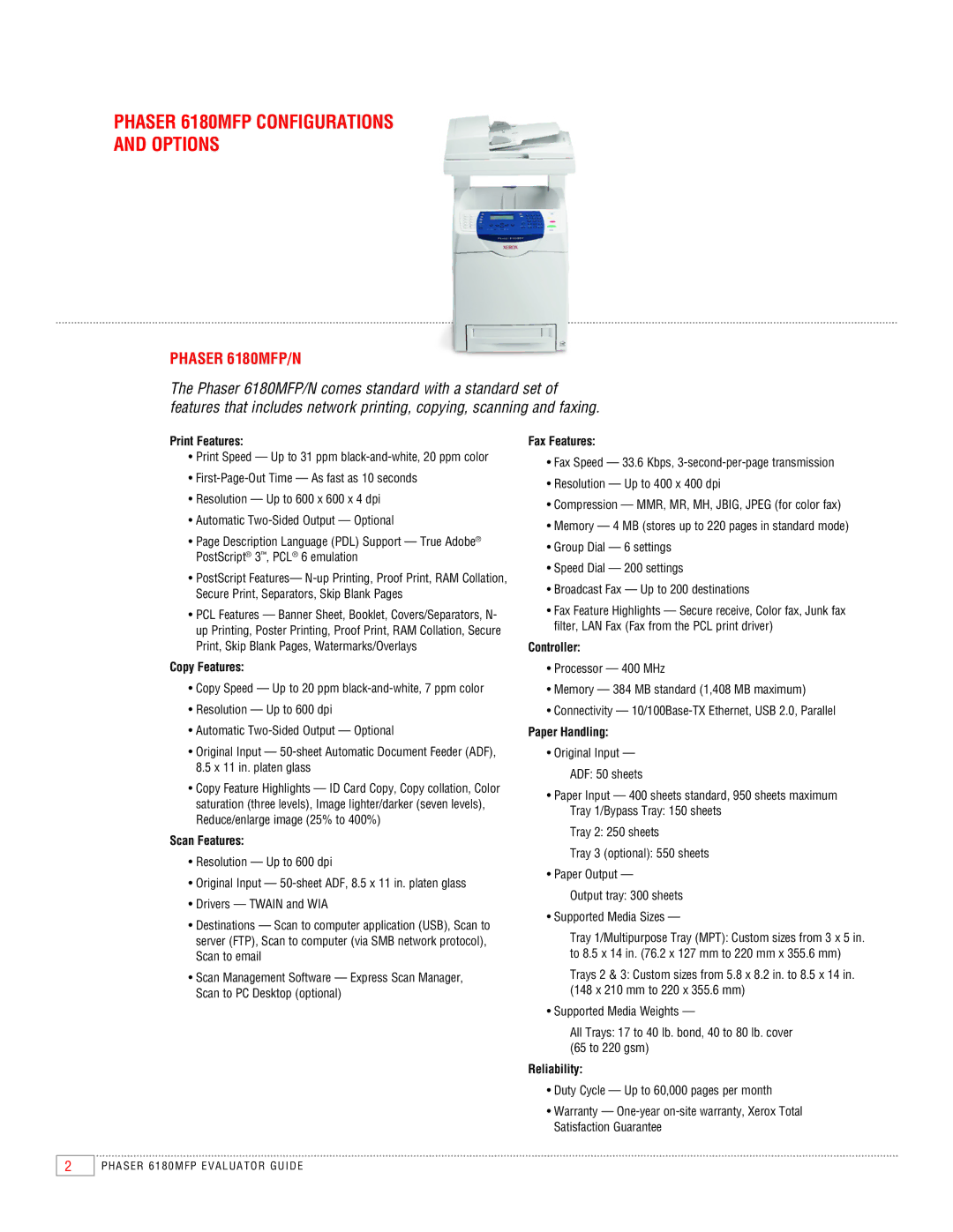 Xerox manual Phaser 6180MFP Configurations Options, Phaser 6180MFP/N 