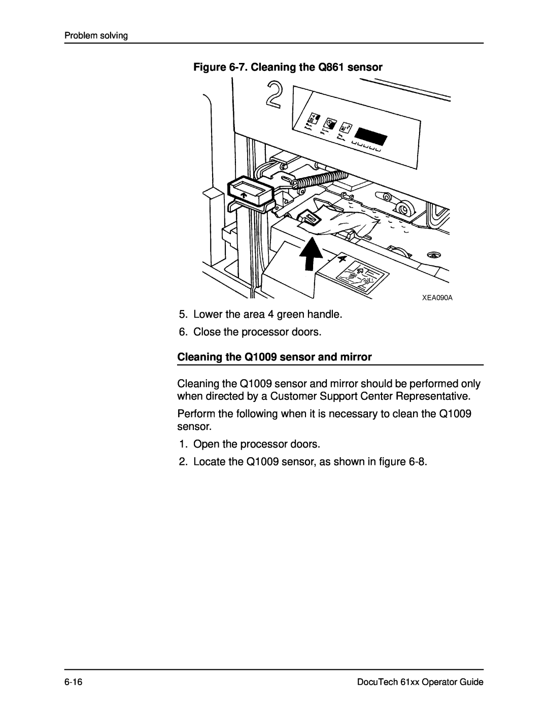 Xerox 61xx manual 7. Cleaning the Q861 sensor, Cleaning the Q1009 sensor and mirror 